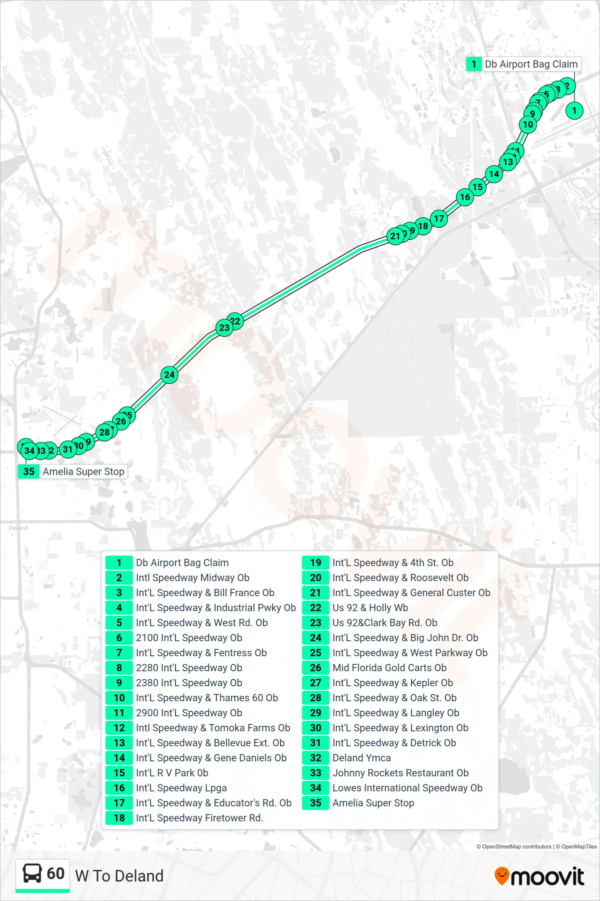 60 bus Line (W To Deland) route and stops on a map