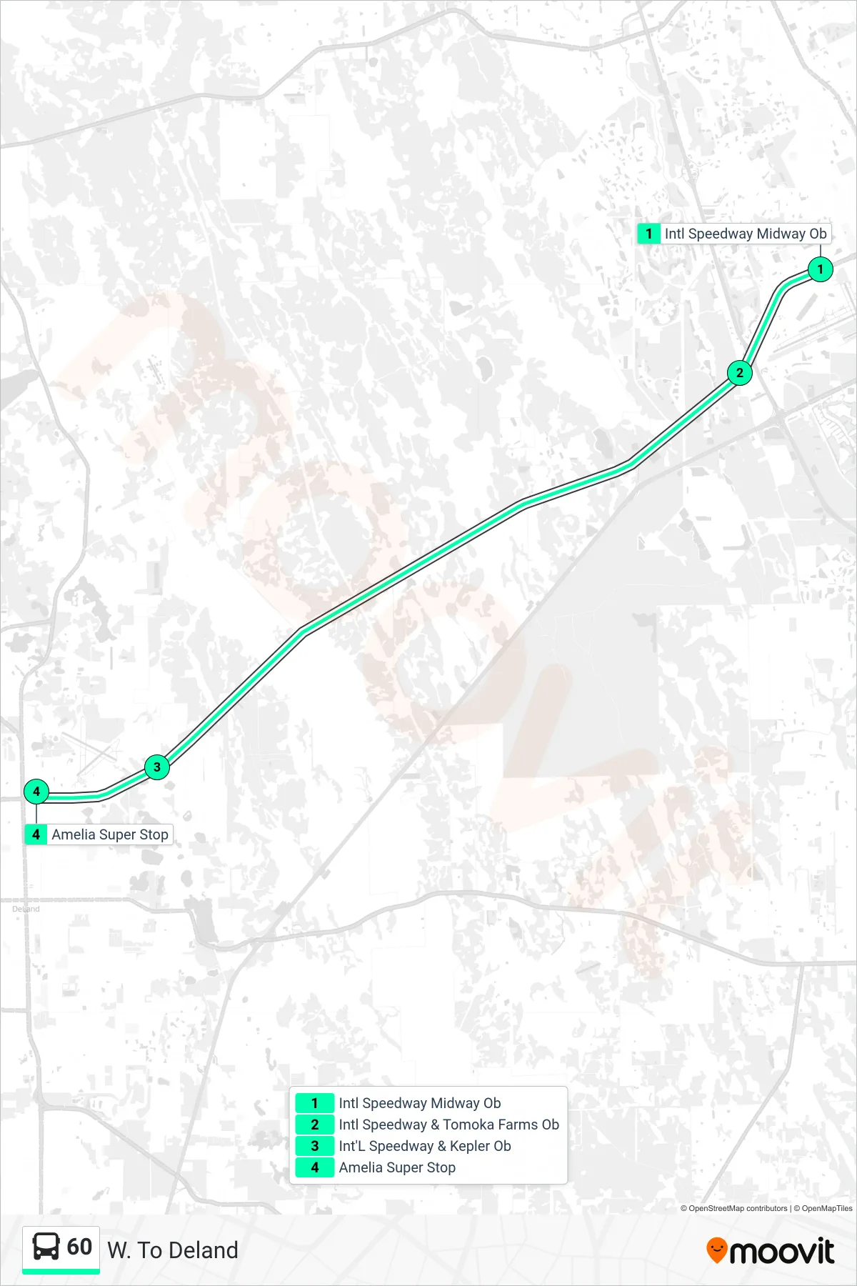 60 bus Line (W. To Deland) route and stops on a map