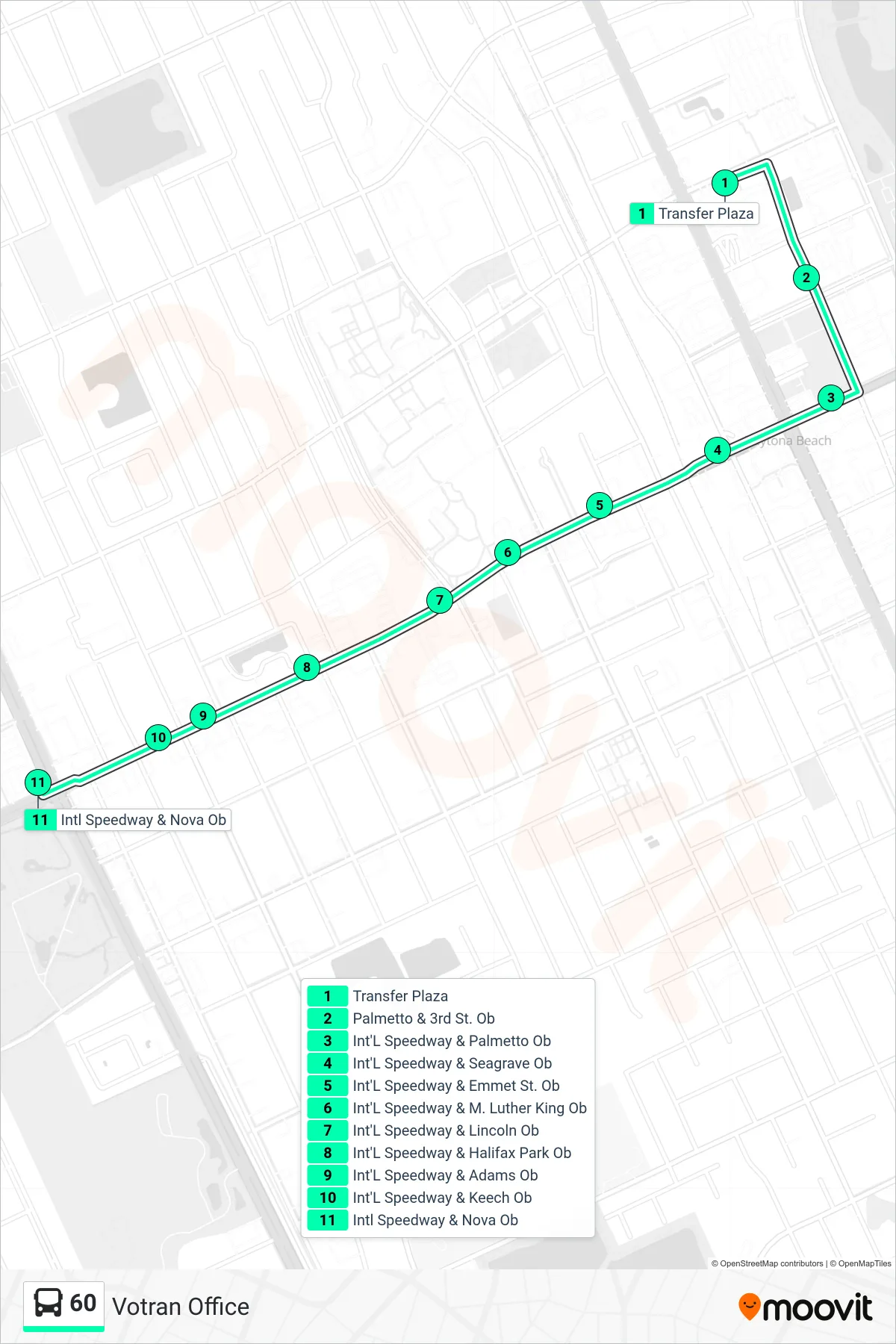 60 bus Line (Votran Office) route and stops on a map