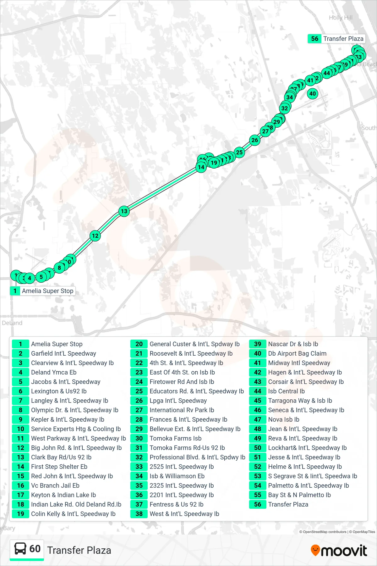 60 bus Line (Transfer Plaza) route and stops on a map