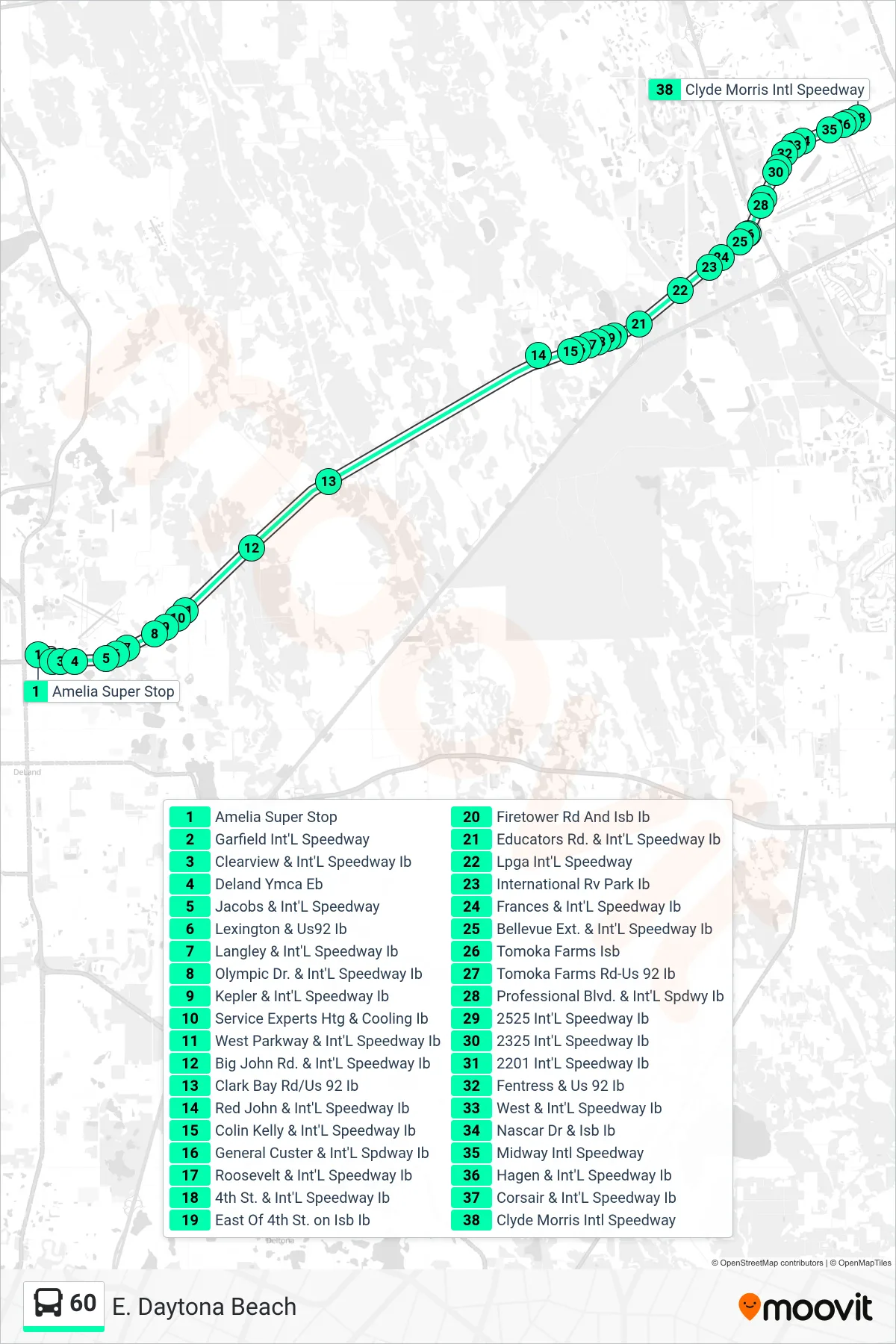 60 bus Line (E. Daytona Beach) route and stops on a map
