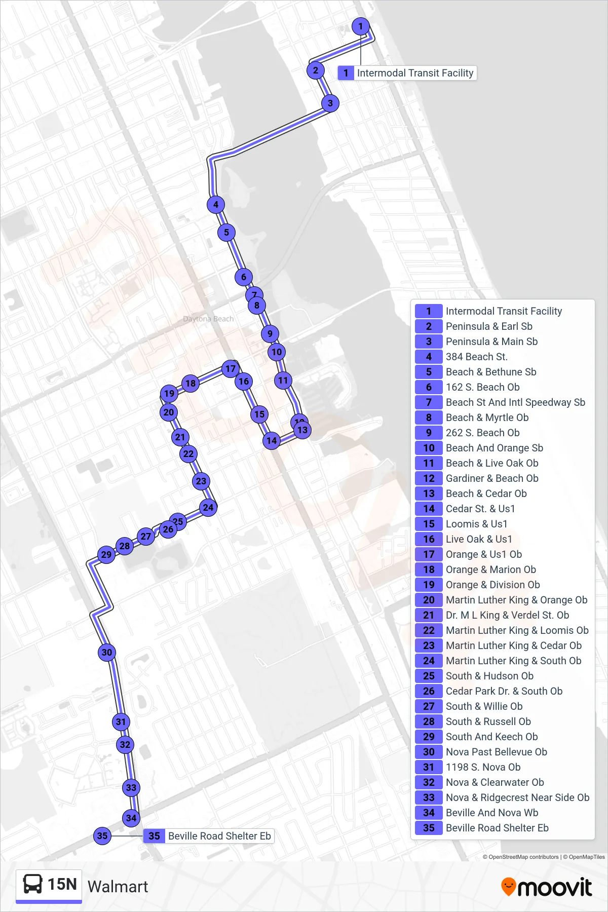 15N bus Line (Walmart) route and stops on a map