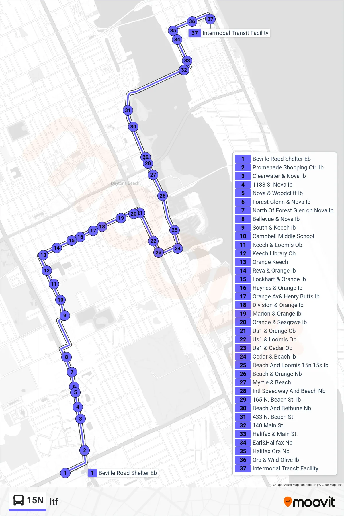 15N bus Line (Itf) route and stops on a map