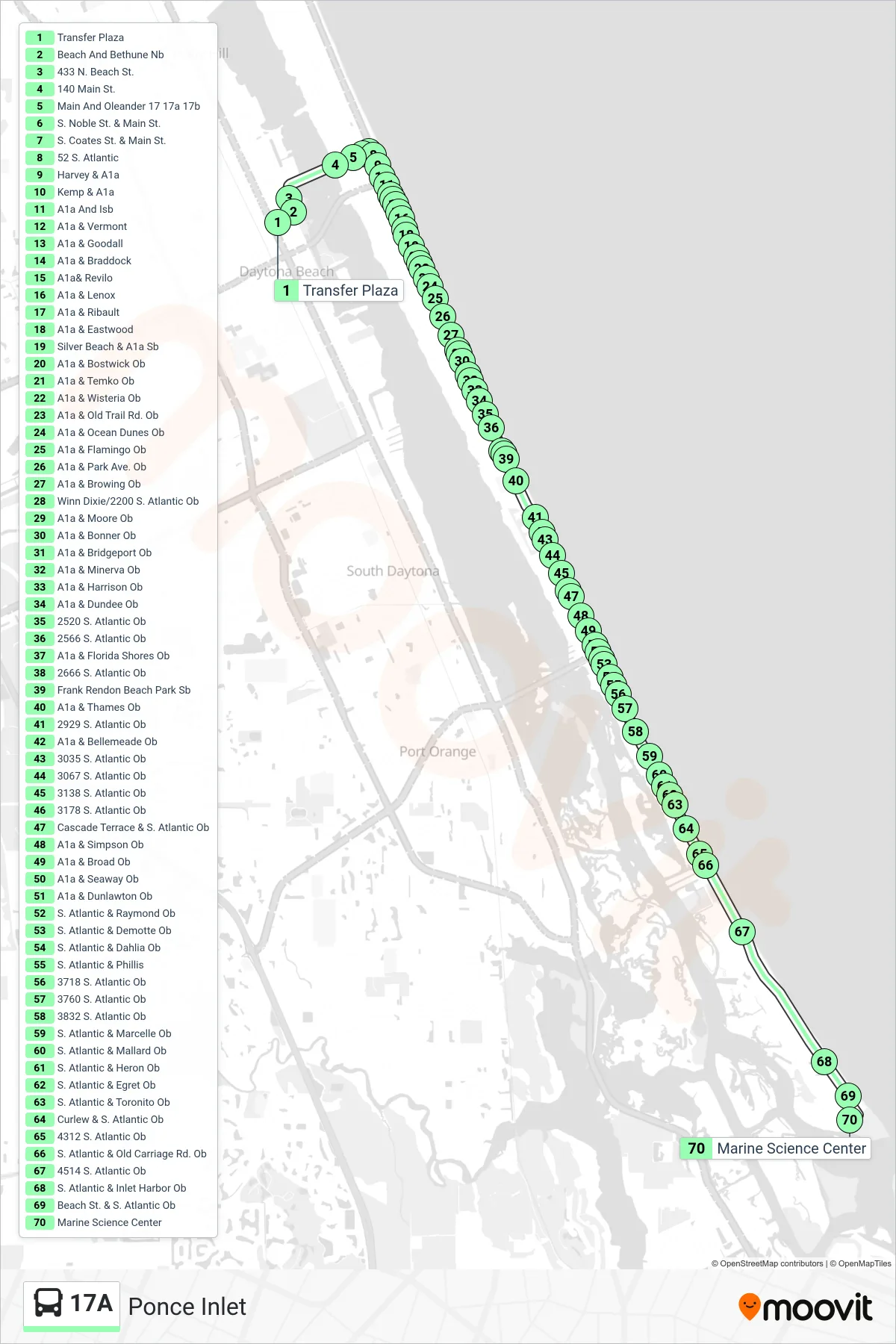 17A bus Line (Ponce Inlet) route and stops on a map