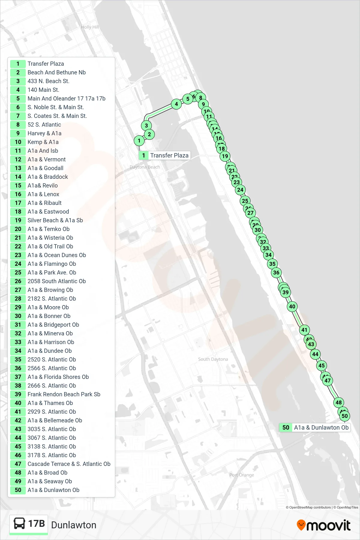 17B bus Line (Votran Office) route and stops on a map