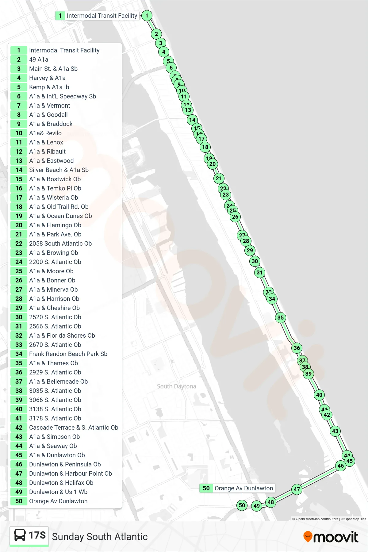 17S bus Line (Dunlawton Ave) route and stops on a map