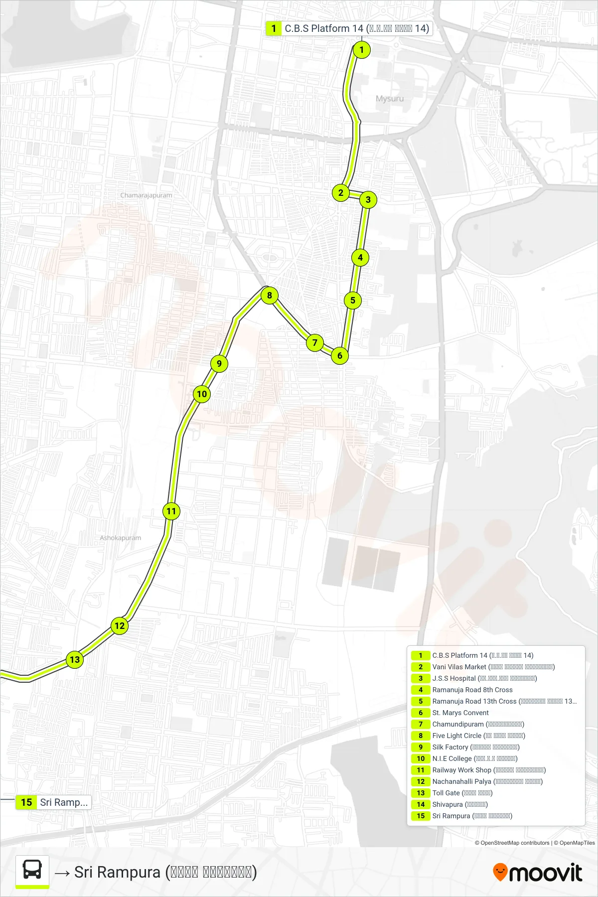 2 bus Line (→ Sri Rampura (ಶ್ರೀ ರಾಮ್ಪುರ)) route and stops on a map
