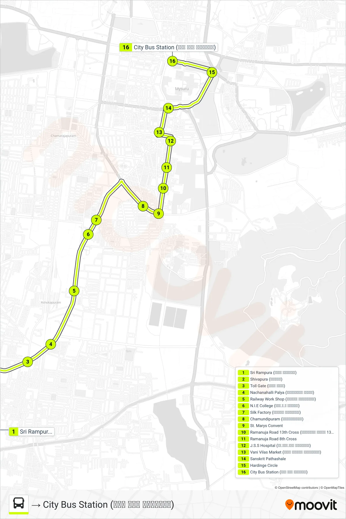 2 bus Line (→ City Bus Station (ನಗರ ಬಸ್ ನಿಲ್ದಾಣ)) route and stops on a map