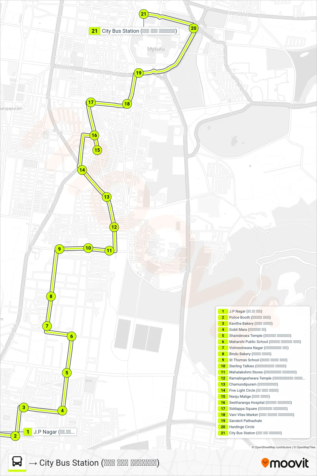 11 bus Line (→ City Bus Station (ನಗರ ಬಸ್ ನಿಲ್ದಾಣ)) route and stops on a map