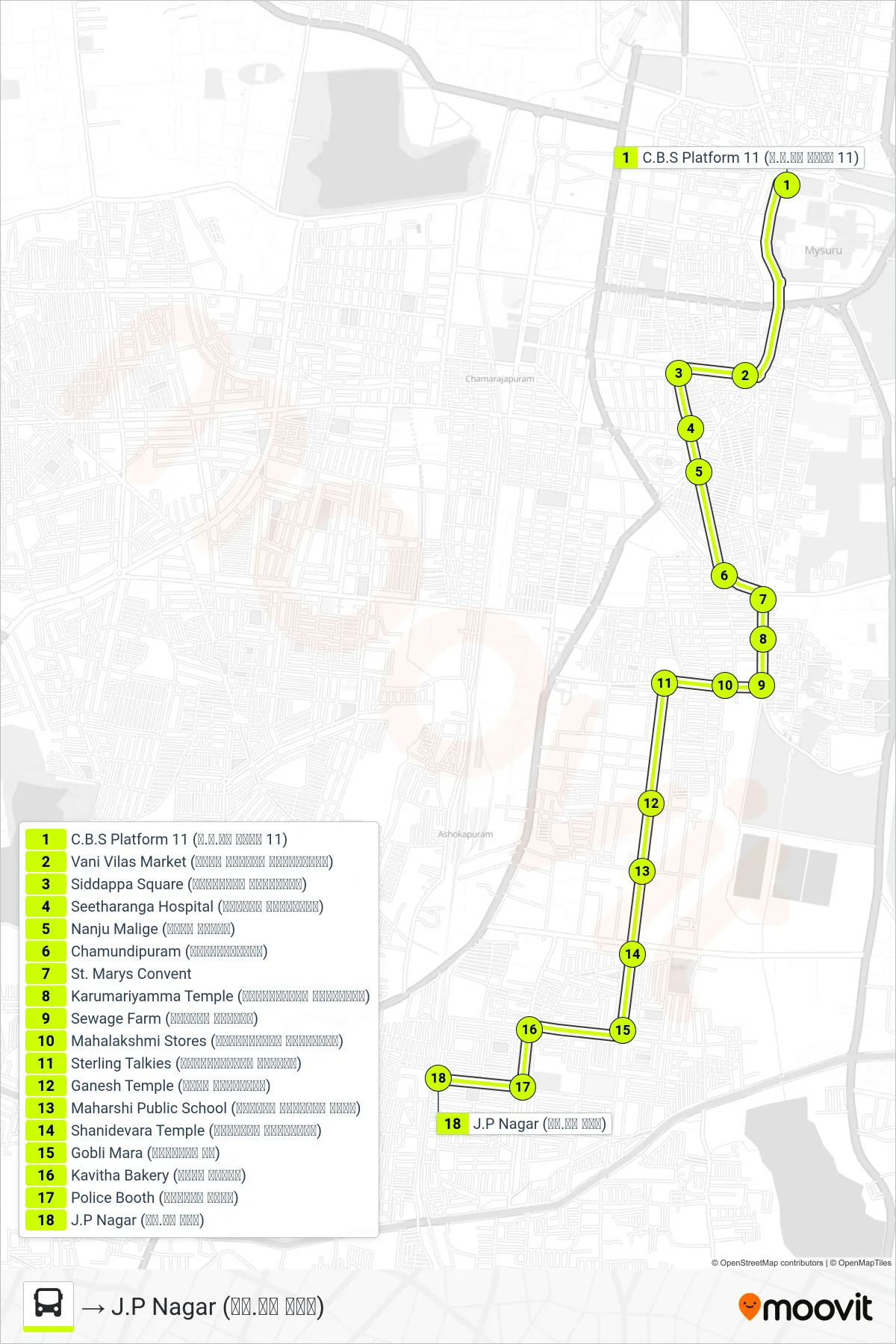 13 bus Line (→ J.P Nagar (ಜೆ.ಪಿ ನಗರ)) route and stops on a map
