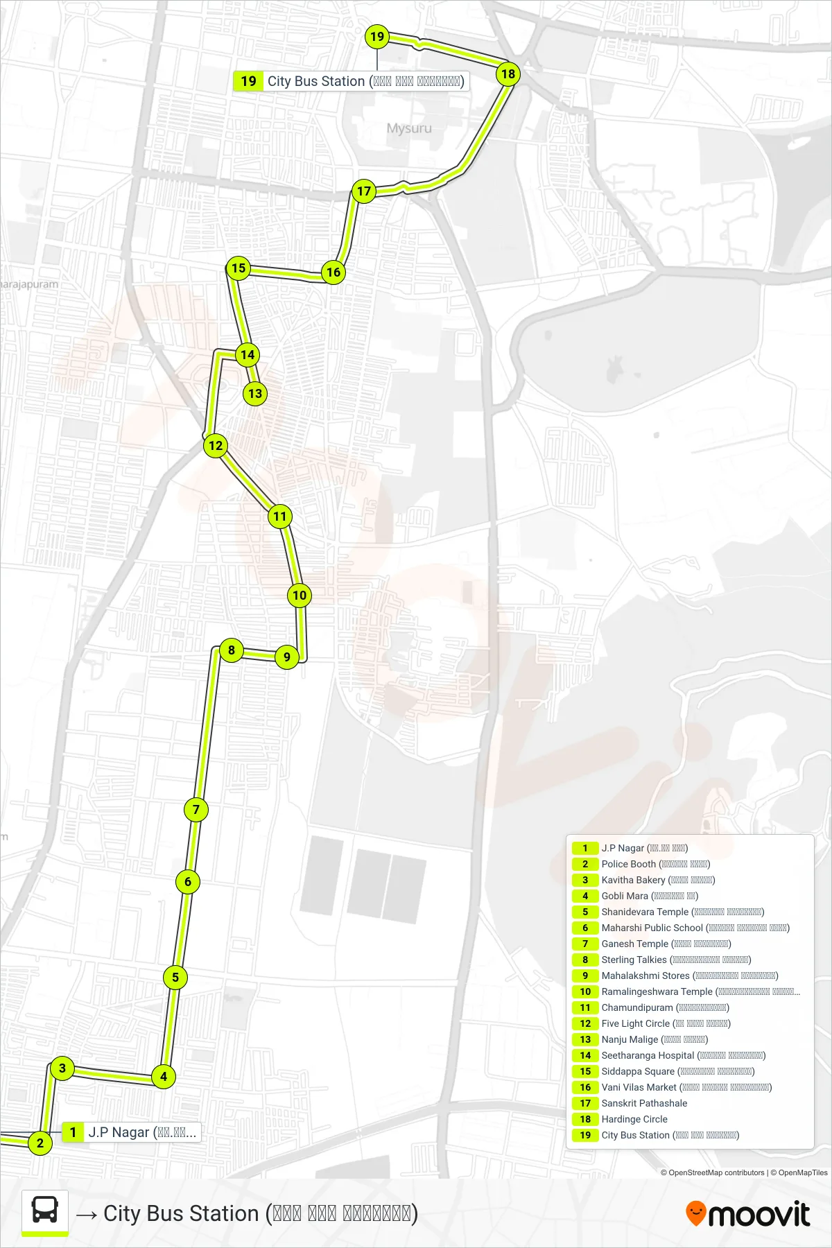 13 bus Line (→ City Bus Station (ನಗರ ಬಸ್ ನಿಲ್ದಾಣ)) route and stops on a map
