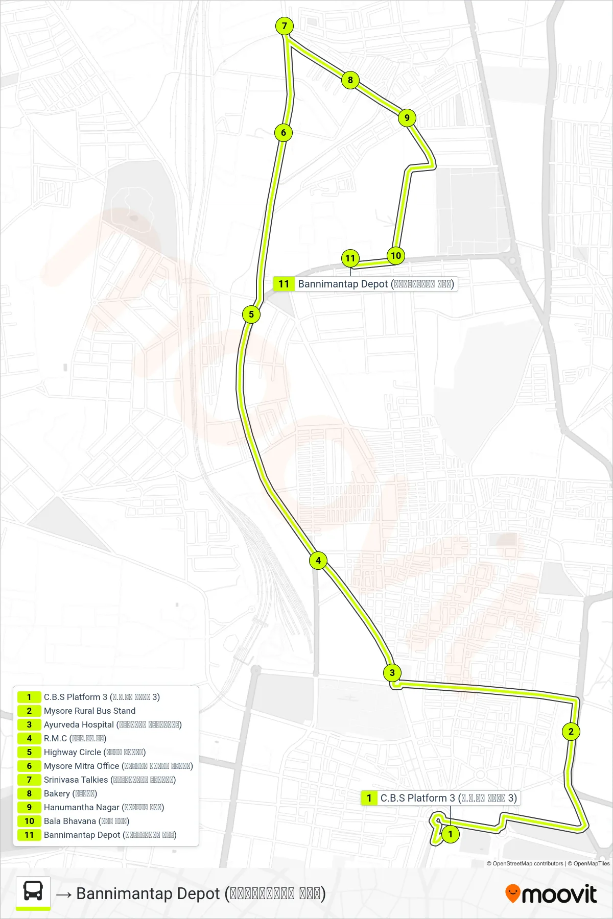 1D bus Line (→ Bannimantap Depot (ಬನ್ನಿಮಂಟಪ ಘಟಕ)) route and stops on a map