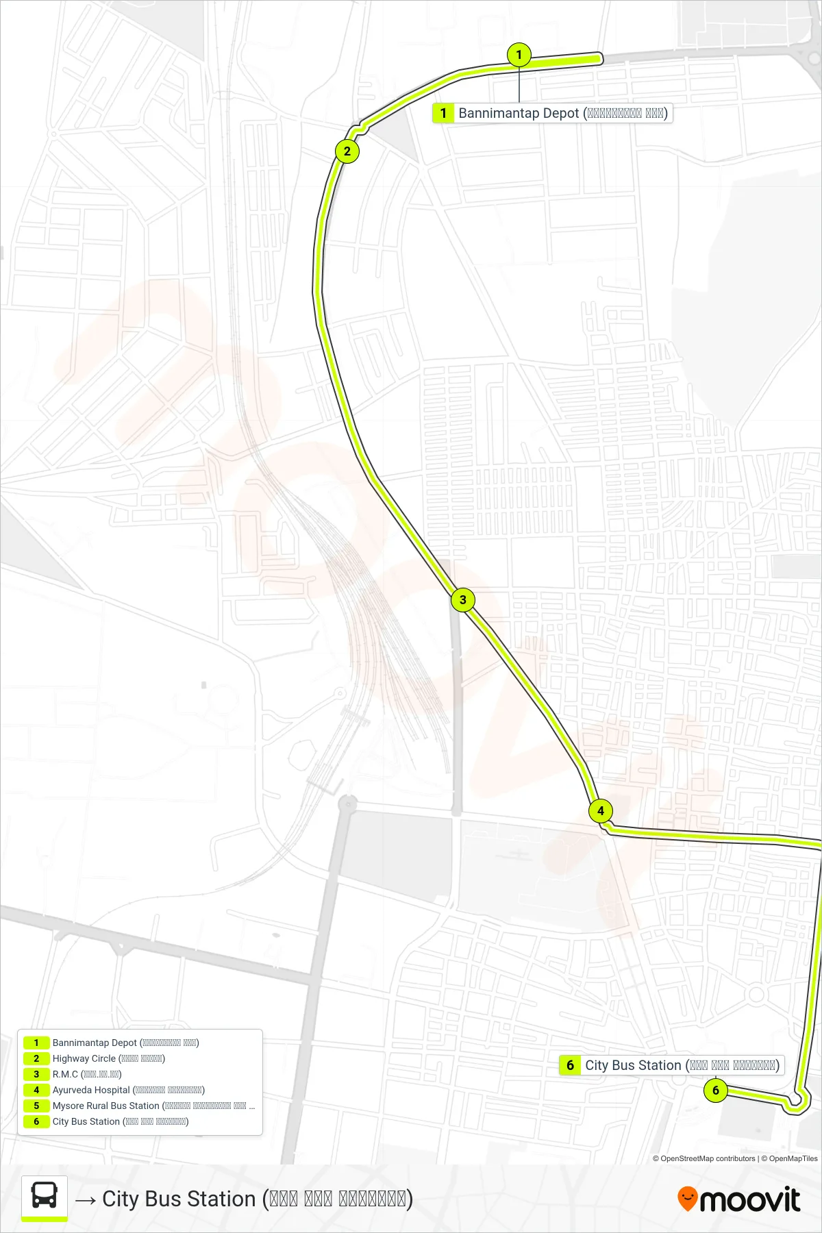 1D bus Line (→ City Bus Station (ನಗರ ಬಸ್ ನಿಲ್ದಾಣ)) route and stops on a map