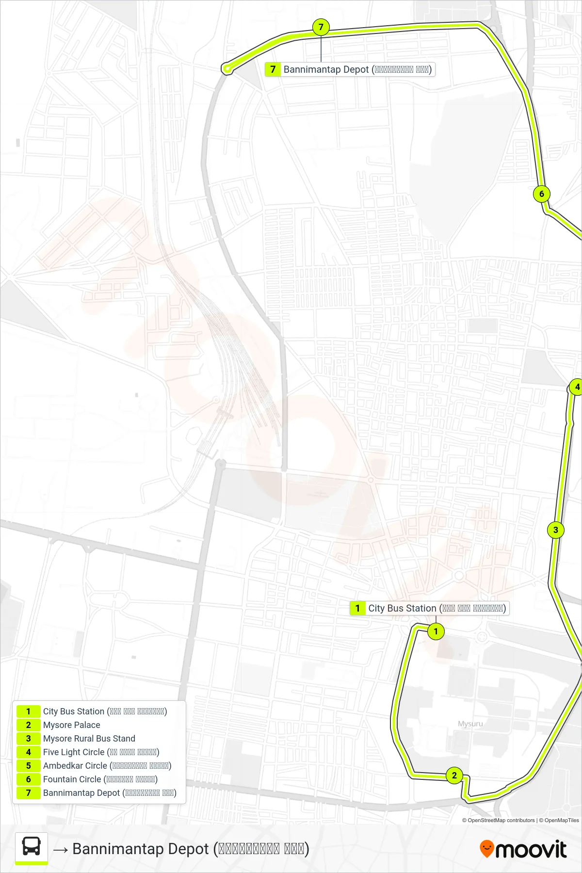 1F bus Line (→ Bannimantap Depot (ಬನ್ನಿಮಂಟಪ ಘಟಕ)) route and stops on a map