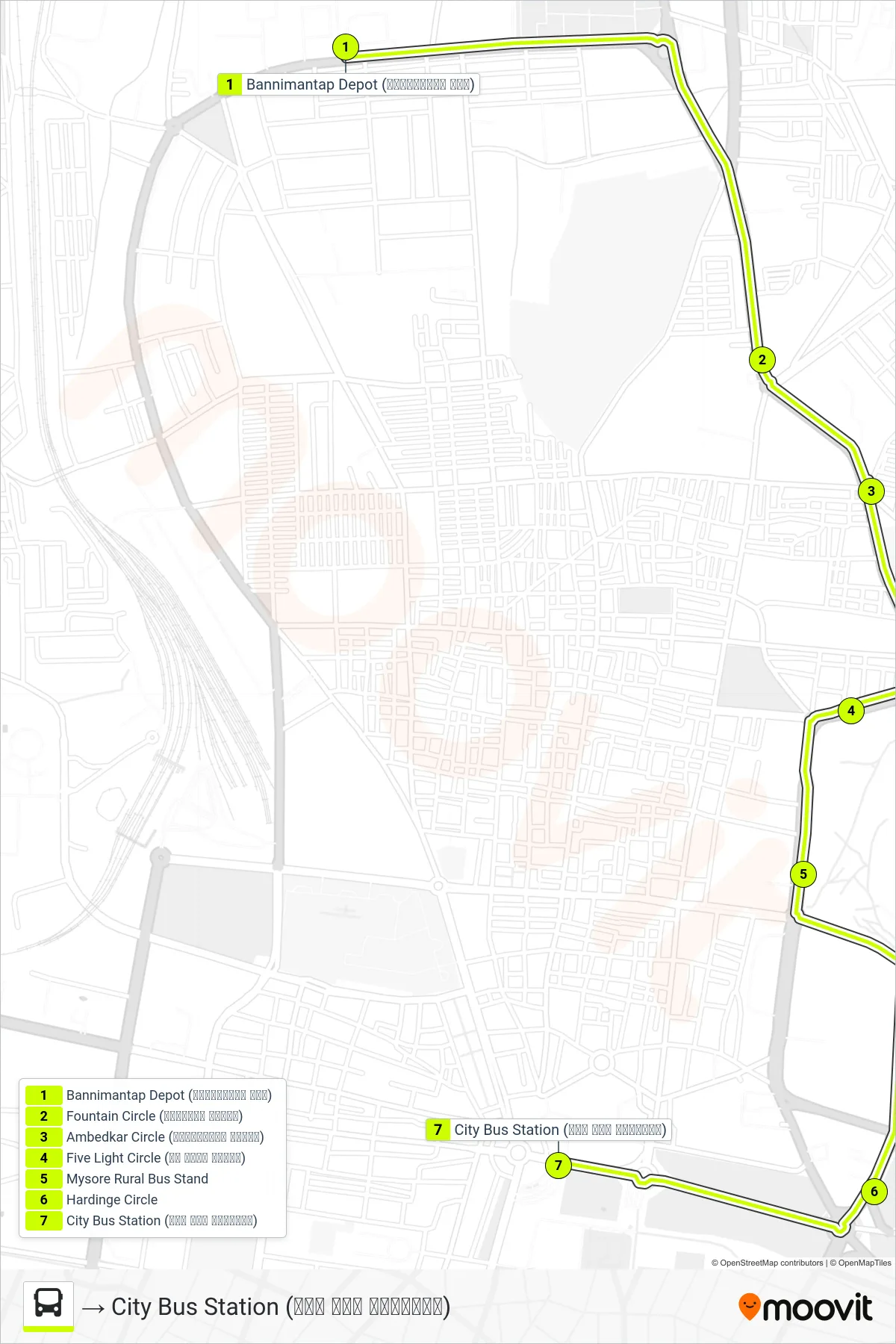 1F bus Line (→ City Bus Station (ನಗರ ಬಸ್ ನಿಲ್ದಾಣ)) route and stops on a map
