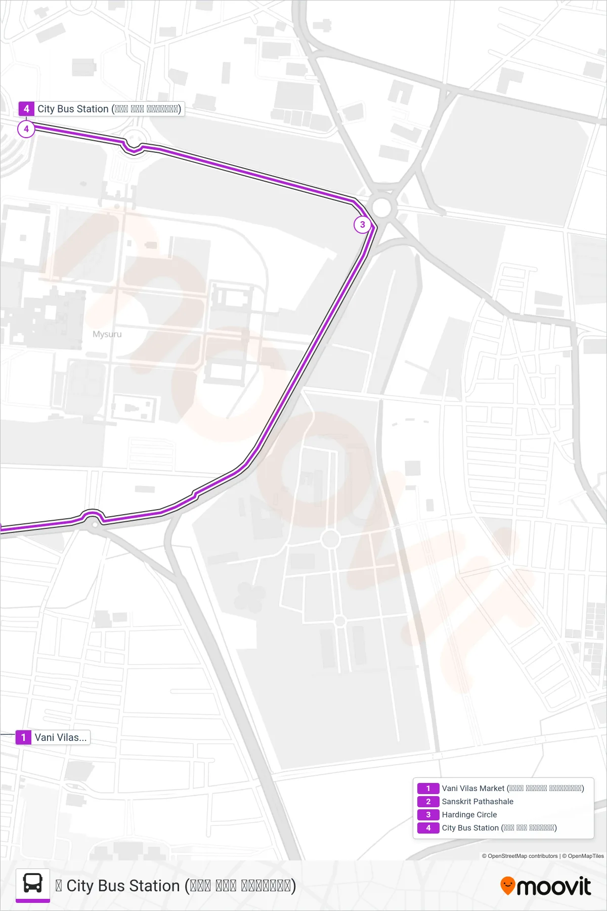2B bus Line (➥ City Bus Station (ನಗರ ಬಸ್ ನಿಲ್ದಾಣ)) route and stops on a map
