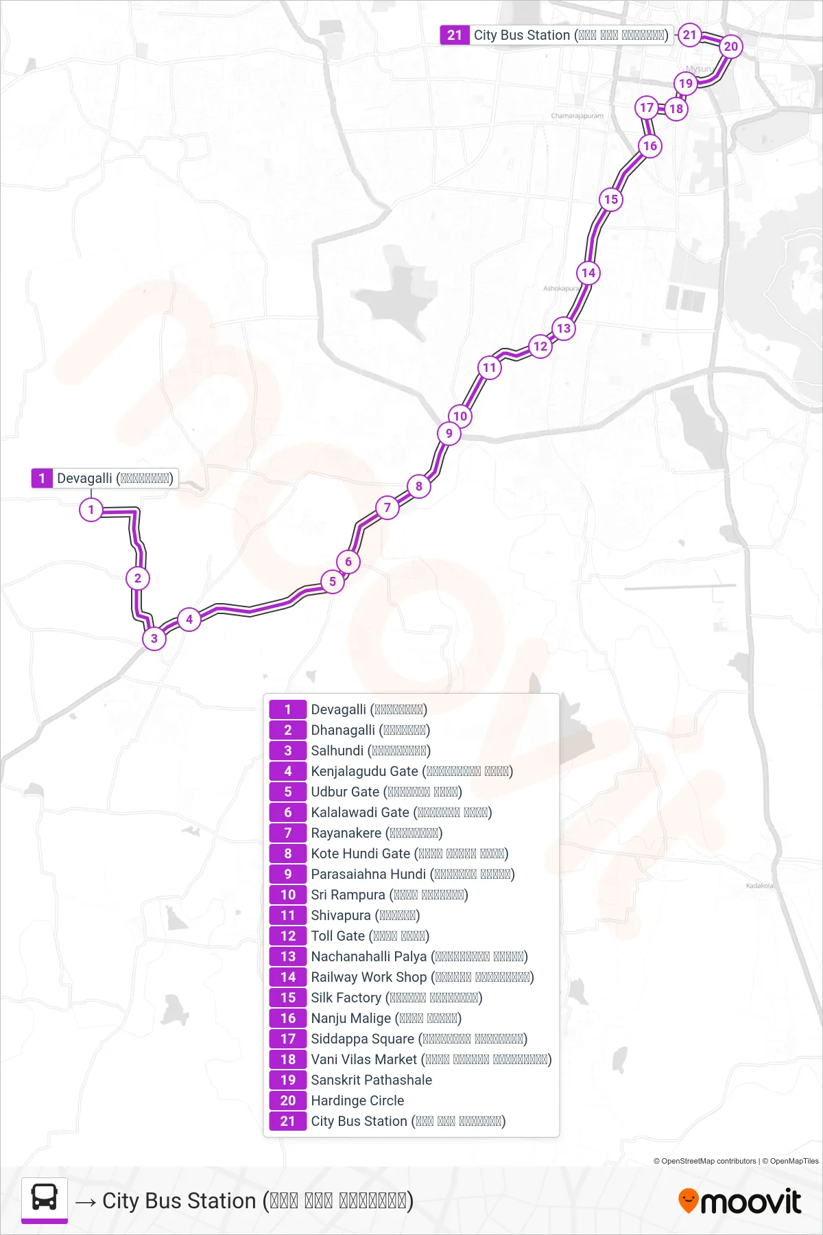 2D bus Line (→ City Bus Station (ನಗರ ಬಸ್ ನಿಲ್ದಾಣ)) route and stops on a map