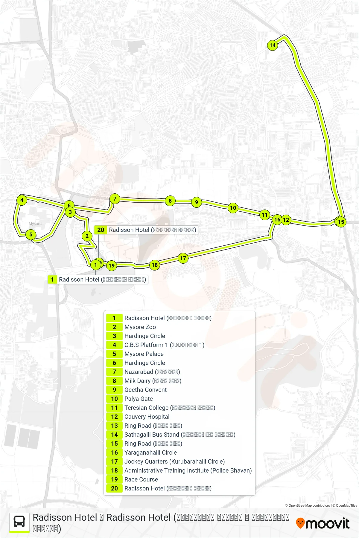 30 bus Line (↺ Radisson Hotel (ರ್ಯಾಡಿಸನ್ ಹೋಟೆಲ್)) route and stops on a map