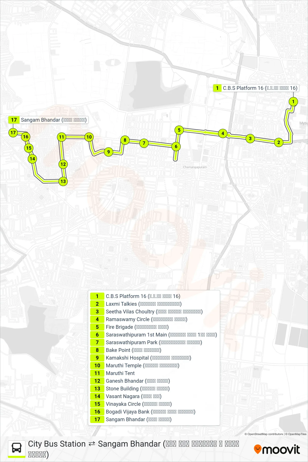 52 bus Line (→ Sangam Bhandar (ಸಂಗಮ ಭಂಡಾರ)) route and stops on a map