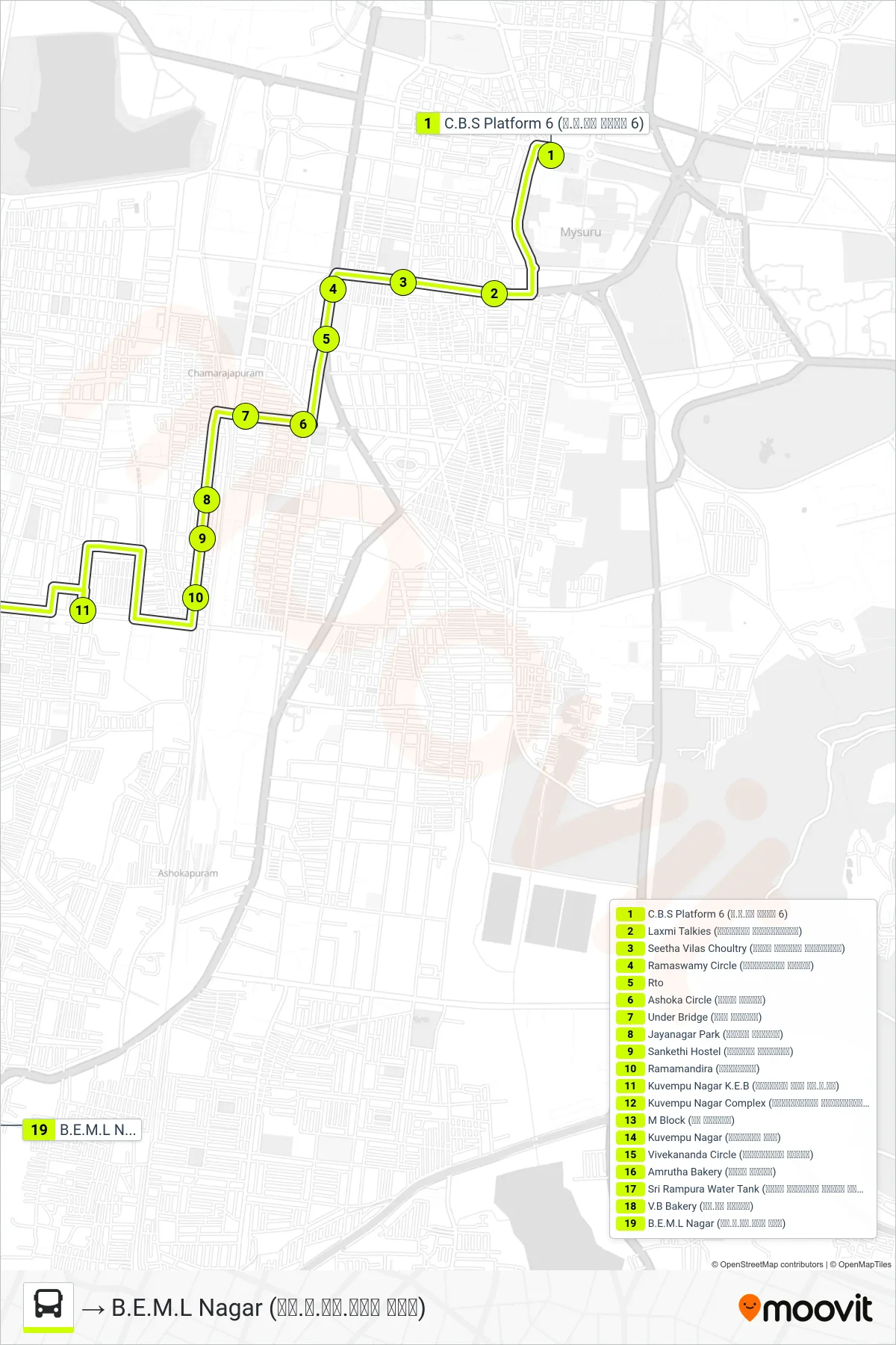 53 bus Line (→ B.E.M.L Nagar (ಬಿ.ಇ.ಎಂ.ಎಲ್ ನಗರ)) route and stops on a map