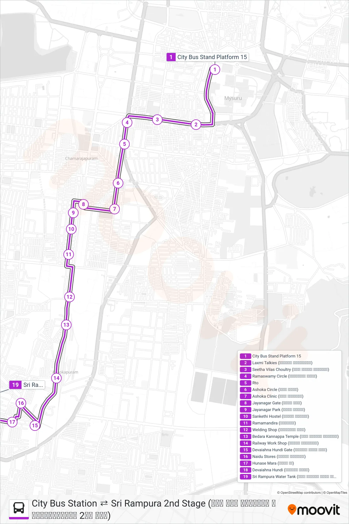 60 bus Line (→ Sri Rampura 2nd Stage (ಶ್ರೀರಾಮ್ಪುರ 2ನೇ ಹಂತ)) route and stops on a map