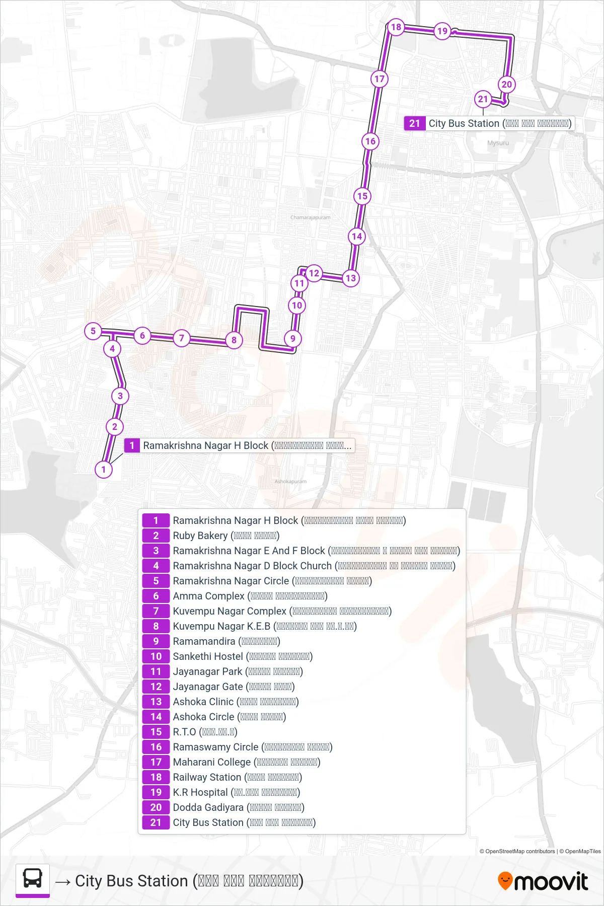 61 bus Line (→ City Bus Station (ನಗರ ಬಸ್ ನಿಲ್ದಾಣ)) route and stops on a map