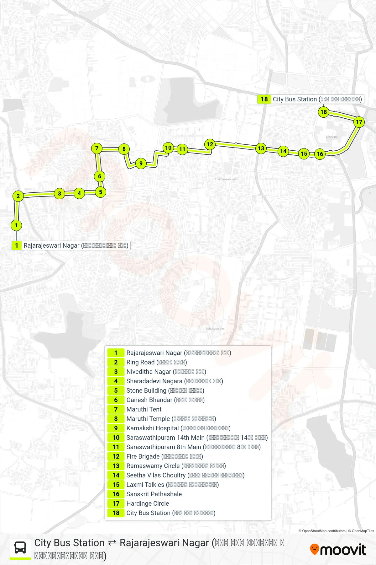 69 bus Line (→ City Bus Station (ನಗರ ಬಸ್ ನಿಲ್ದಾಣ)) route and stops on a map