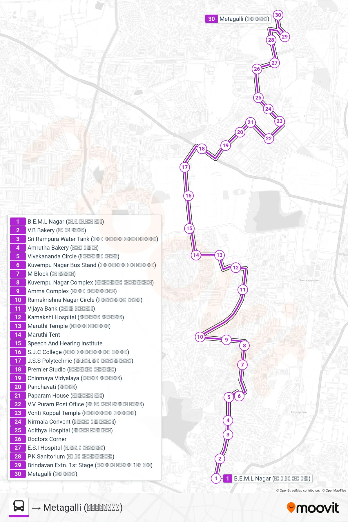 72 bus Line (→ Metagalli (ಮೆಟಗಳ್ಳಿ)) route and stops on a map