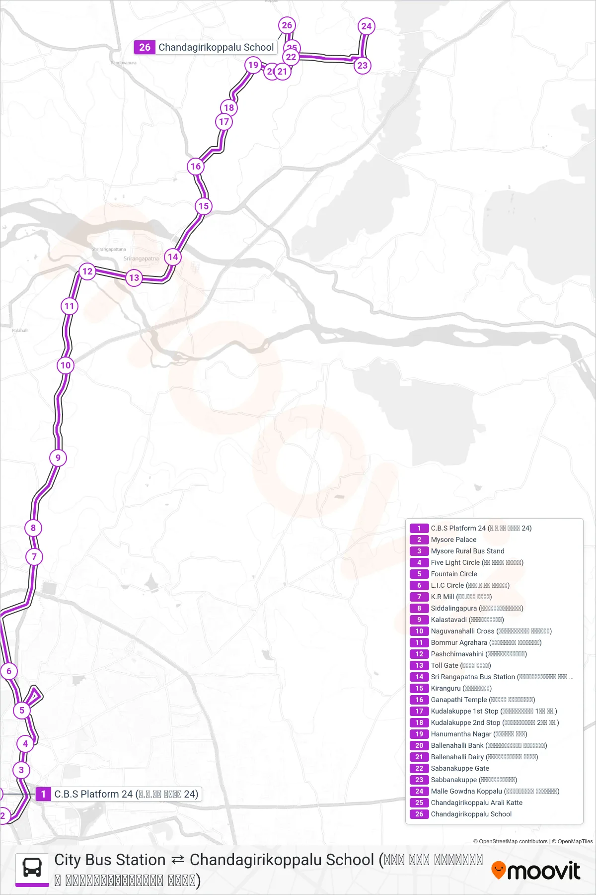 75 bus Line (→ Chandagirikoppalu School (ಚಂದಗಿರಿಕೊಪ್ಪಲು ಶಾಲೆ)) route and stops on a map