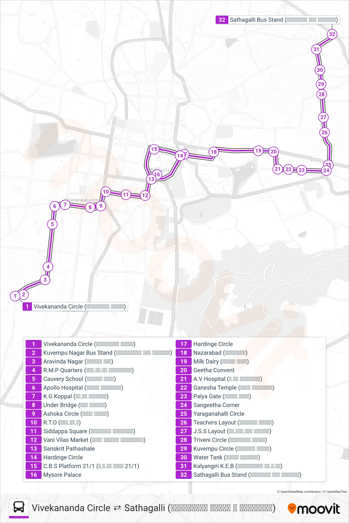 80 bus Line (→ Sathagalli (ಸಾತಗಳ್ಳಿ)) route and stops on a map