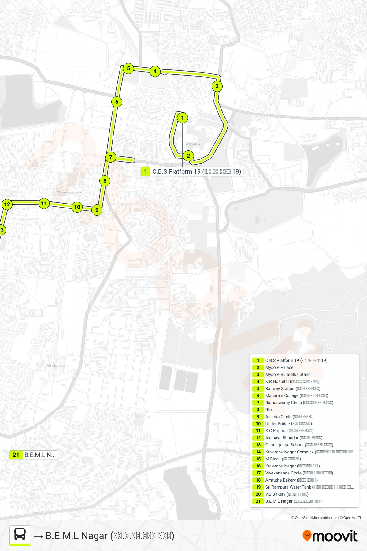83 bus Line (→ B.E.M.L Nagar (ಬಿ.ಇ.ಎಂ.ಎಲ್ ನಗರ)) route and stops on a map