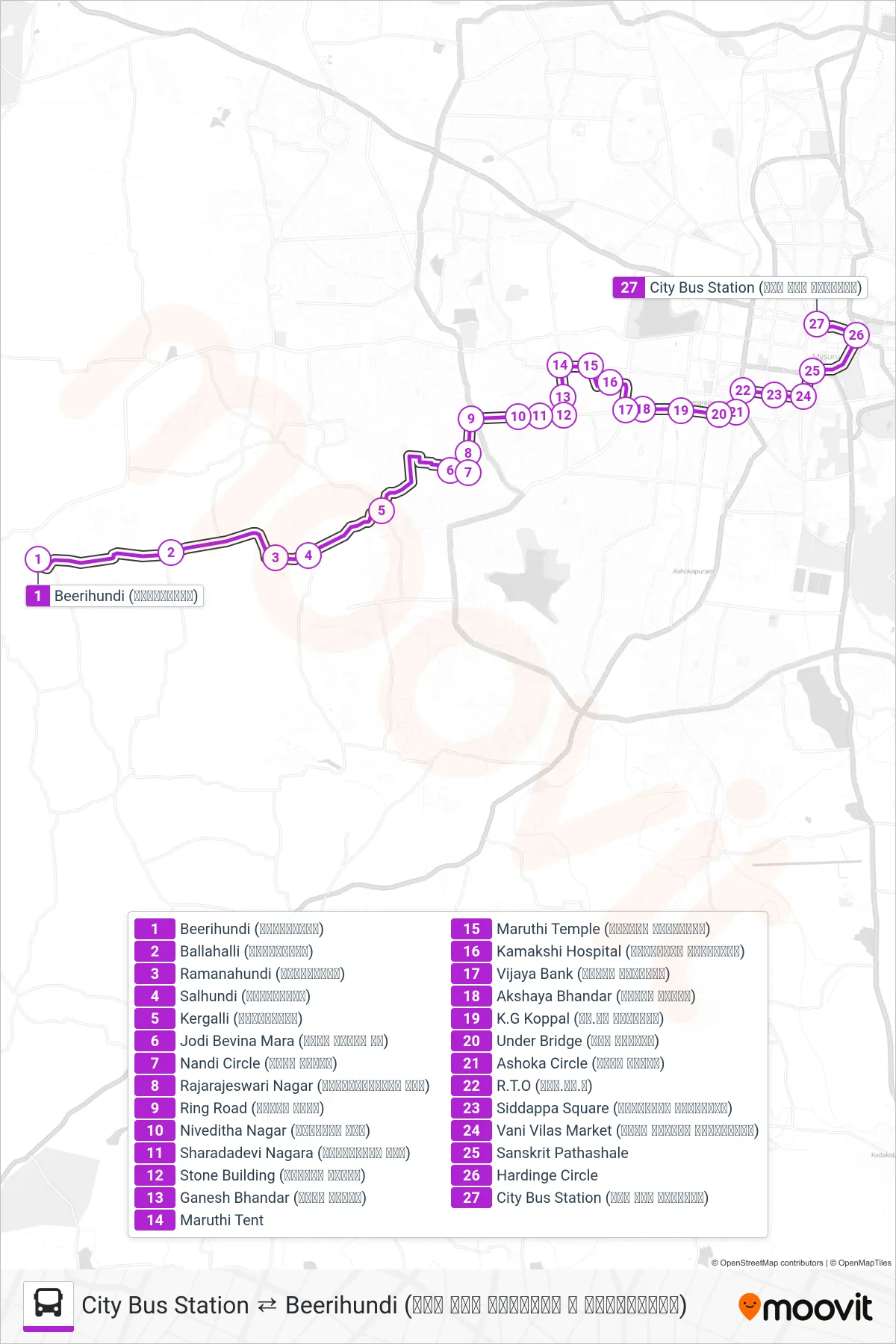 91 bus Line (→ City Bus Station (ನಗರ ಬಸ್ ನಿಲ್ದಾಣ)) route and stops on a map