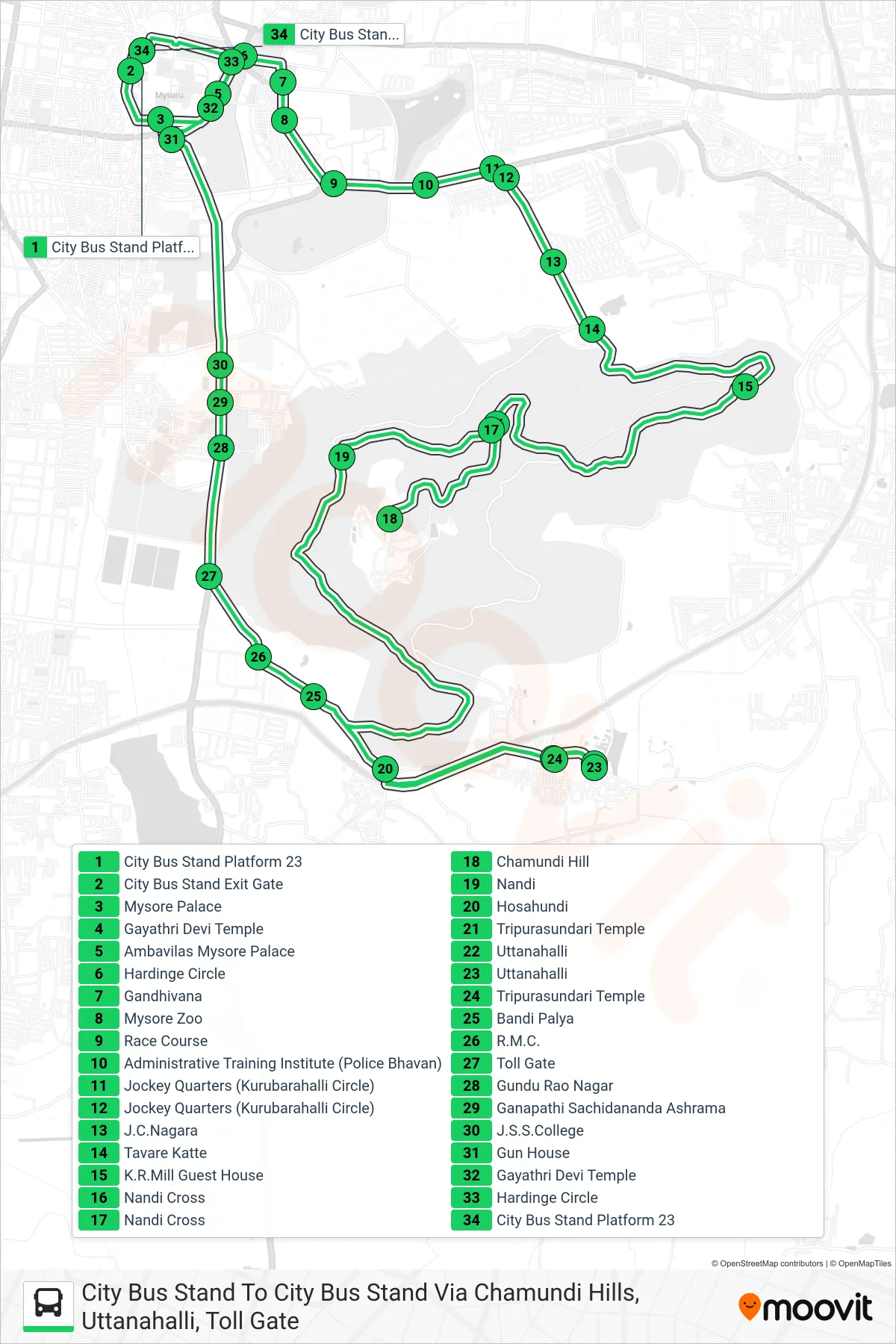 100 bus Line (City Bus Stand To City Bus Stand Via Chamundi Hills, Uttanahalli, Toll Gate) route and stops on a map