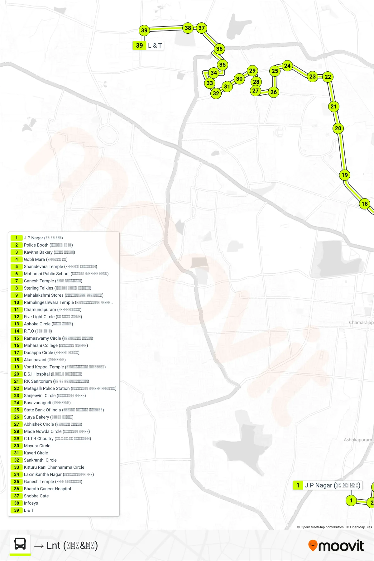 10A bus Line (→ Lnt (ಎಲ್&ಟಿ)) route and stops on a map