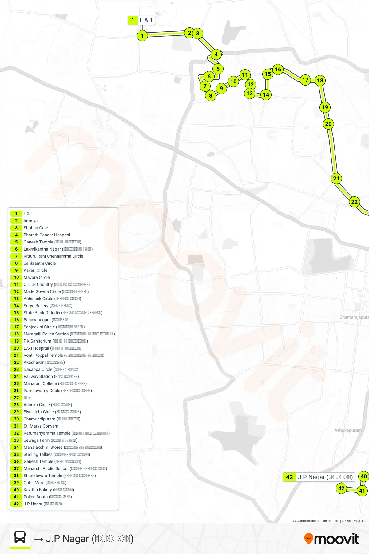 10A bus Line (→ J.P Nagar (ಜೆ.ಪಿ ನಗರ)) route and stops on a map