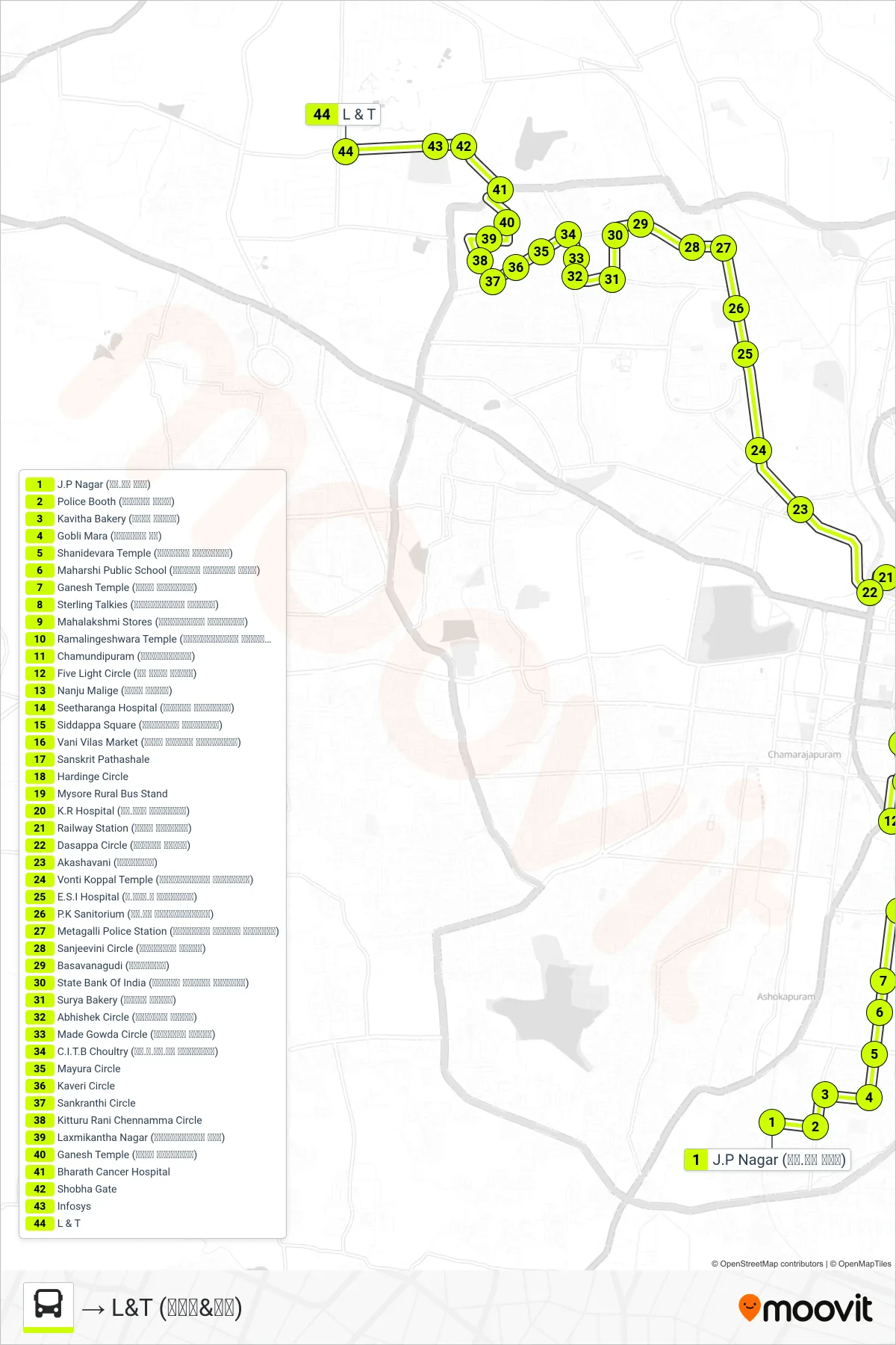 10C bus Line (→ L&T (ಎಲ್&ಟಿ)) route and stops on a map
