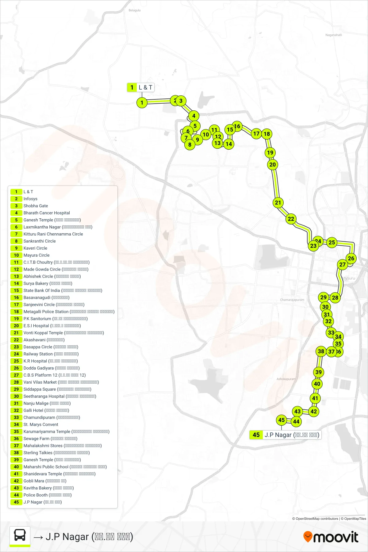 10C bus Line (→ J.P Nagar (ಜೆ.ಪಿ ನಗರ)) route and stops on a map