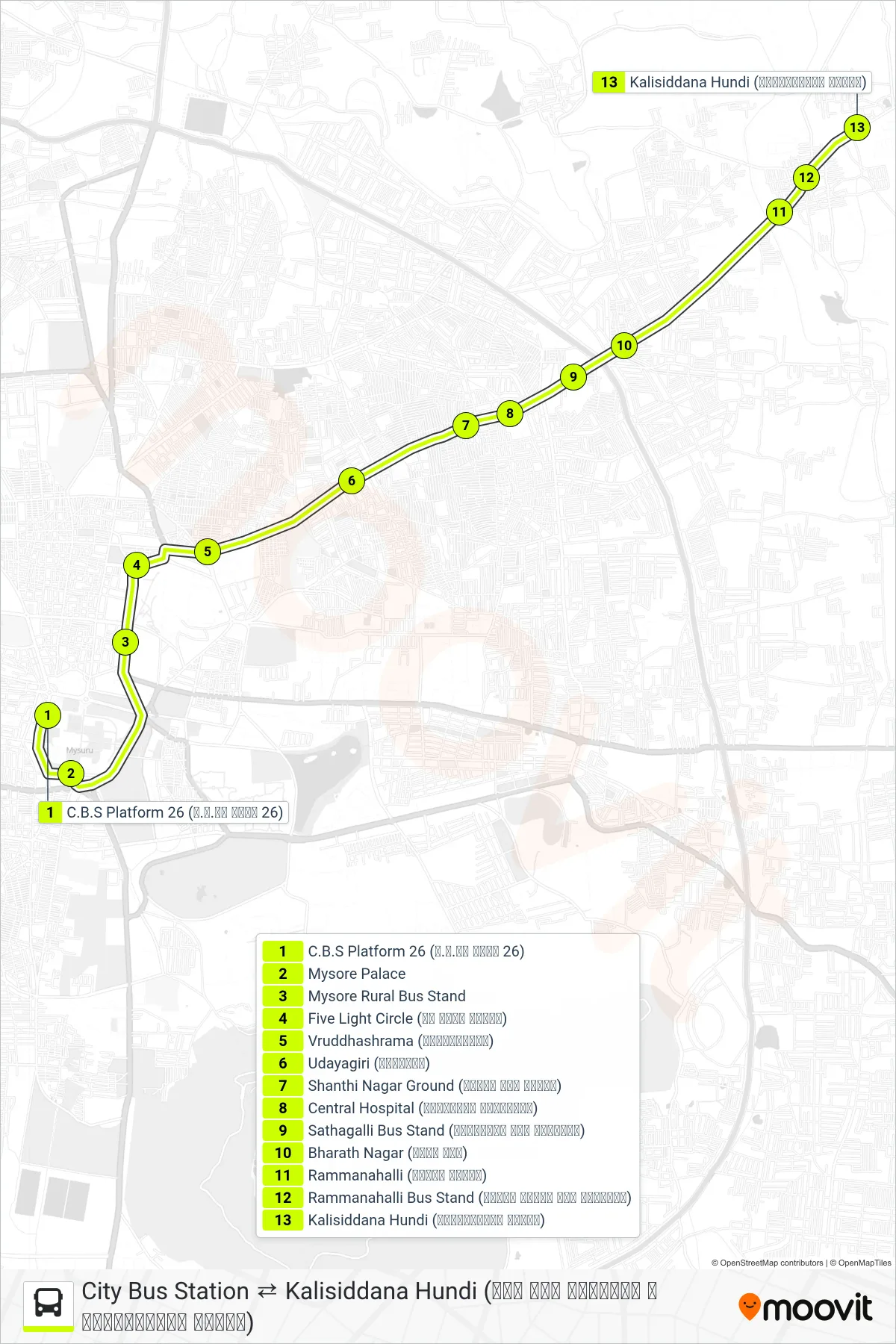 110 bus Line (→ Kalisiddana Hundi (ಕಾಳಿಸಿದ್ದನ ಹುಂಡಿ)) route and stops on a map