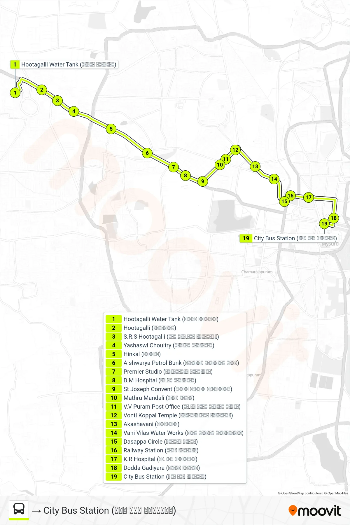 115 bus Line (→ City Bus Station (ನಗರ ಬಸ್ ನಿಲ್ದಾಣ)) route and stops on a map