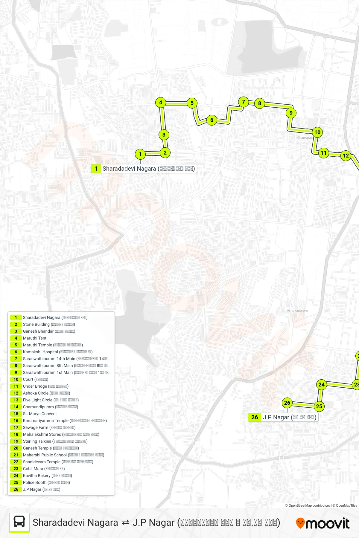 11C bus Line (→ J.P Nagar (ಜೆ.ಪಿ ನಗರ)) route and stops on a map