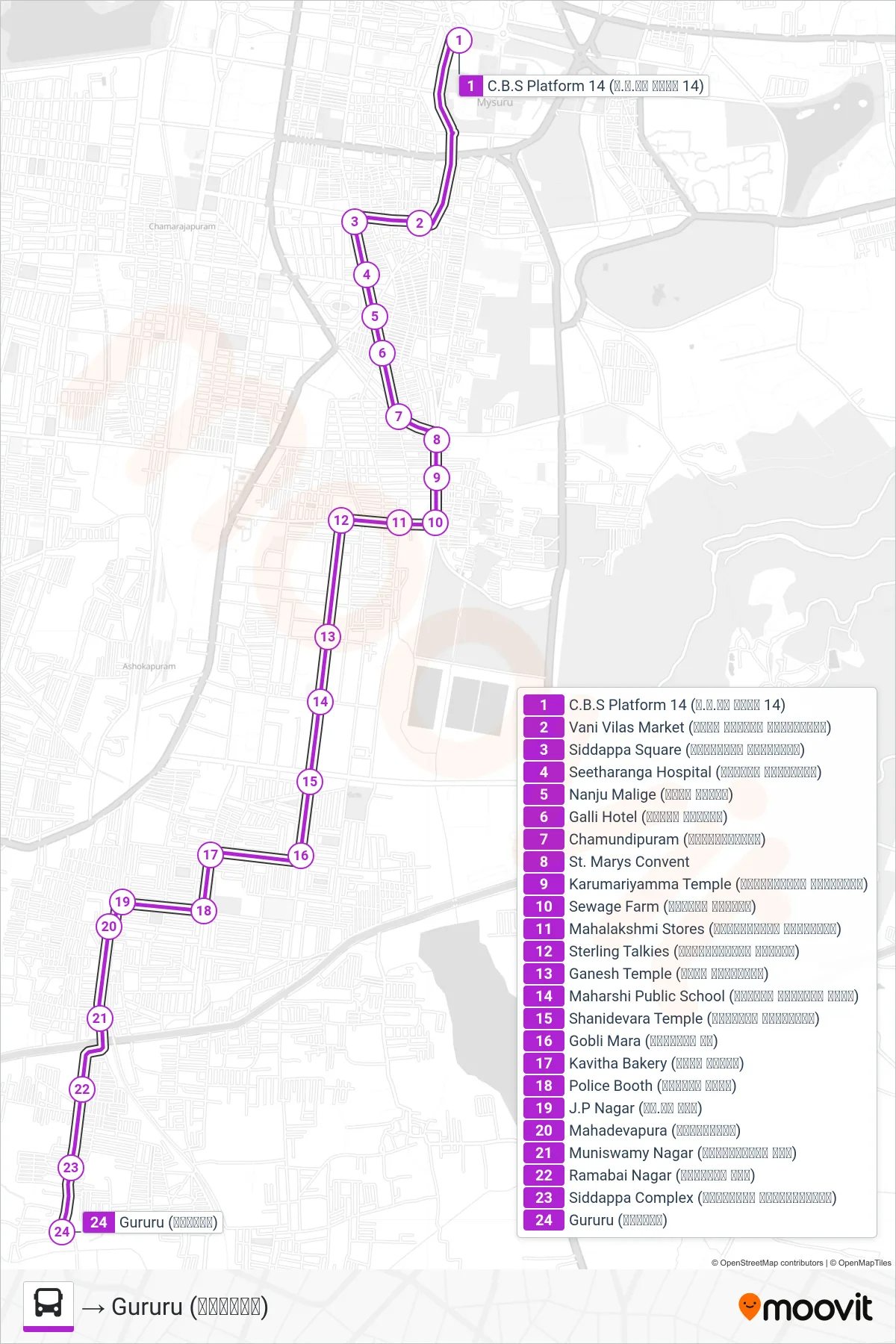 11D bus Line (→ Gururu (ಗುರೂರು)) route and stops on a map
