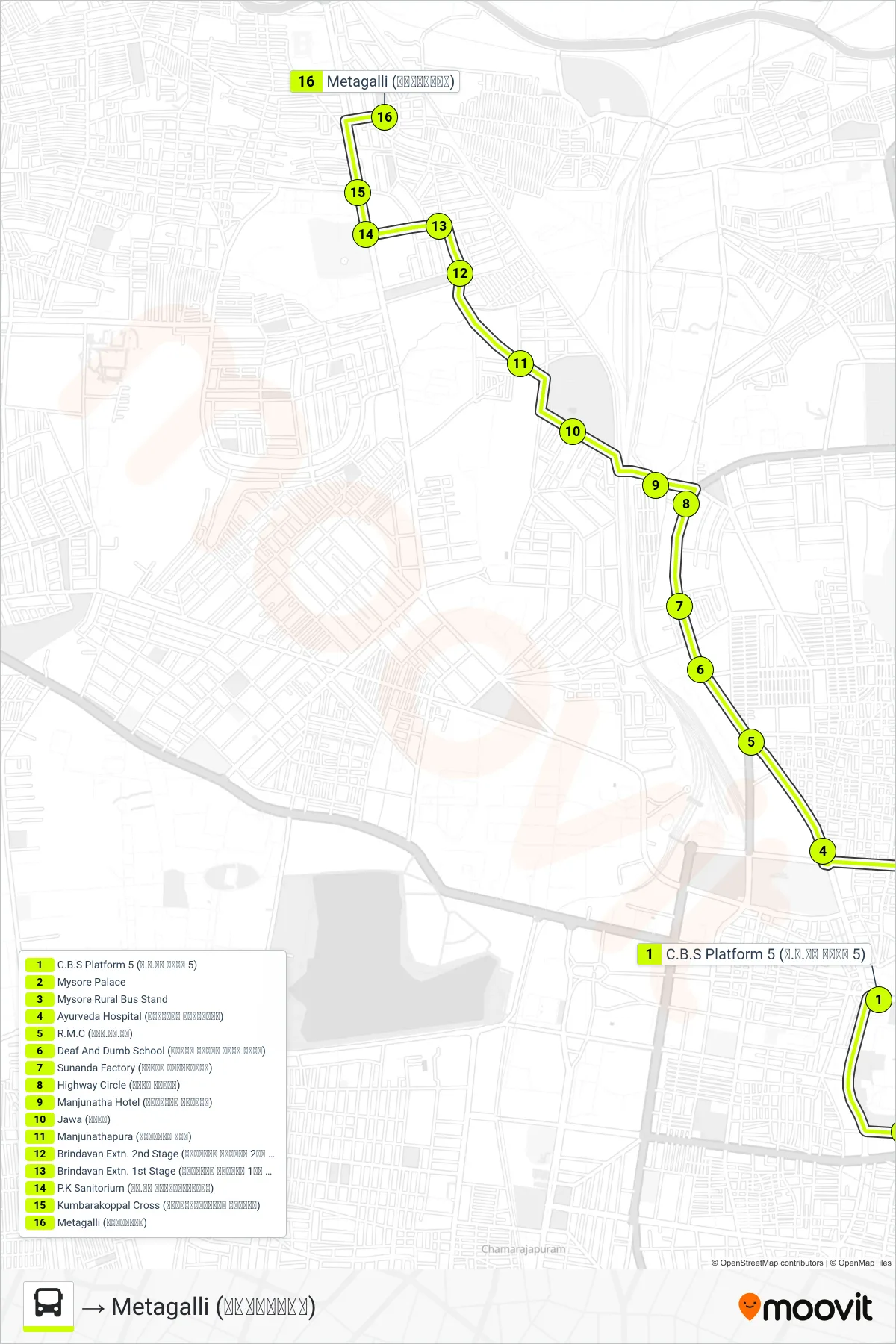 133 bus Line (→ Metagalli (ಮೆಟಗಳ್ಳಿ)) route and stops on a map