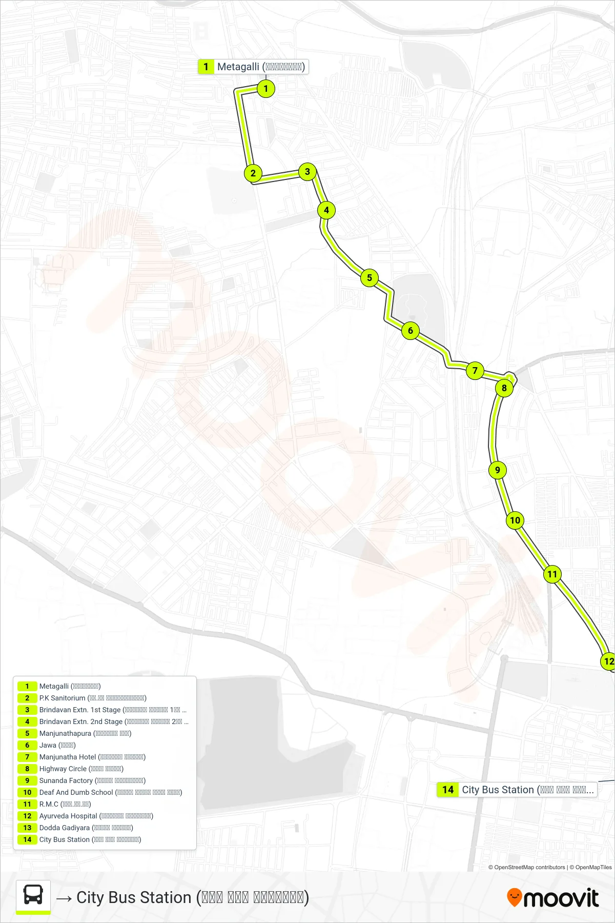 133 bus Line (→ City Bus Station (ನಗರ ಬಸ್ ನಿಲ್ದಾಣ)) route and stops on a map