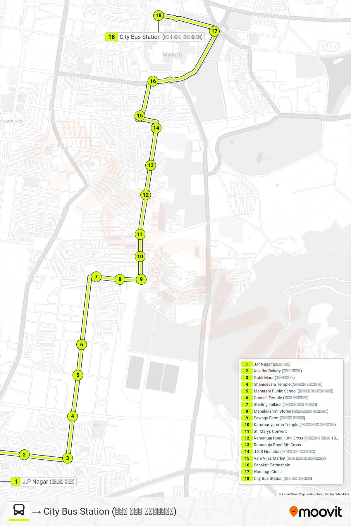 13A bus Line (→ City Bus Station (ನಗರ ಬಸ್ ನಿಲ್ದಾಣ)) route and stops on a map