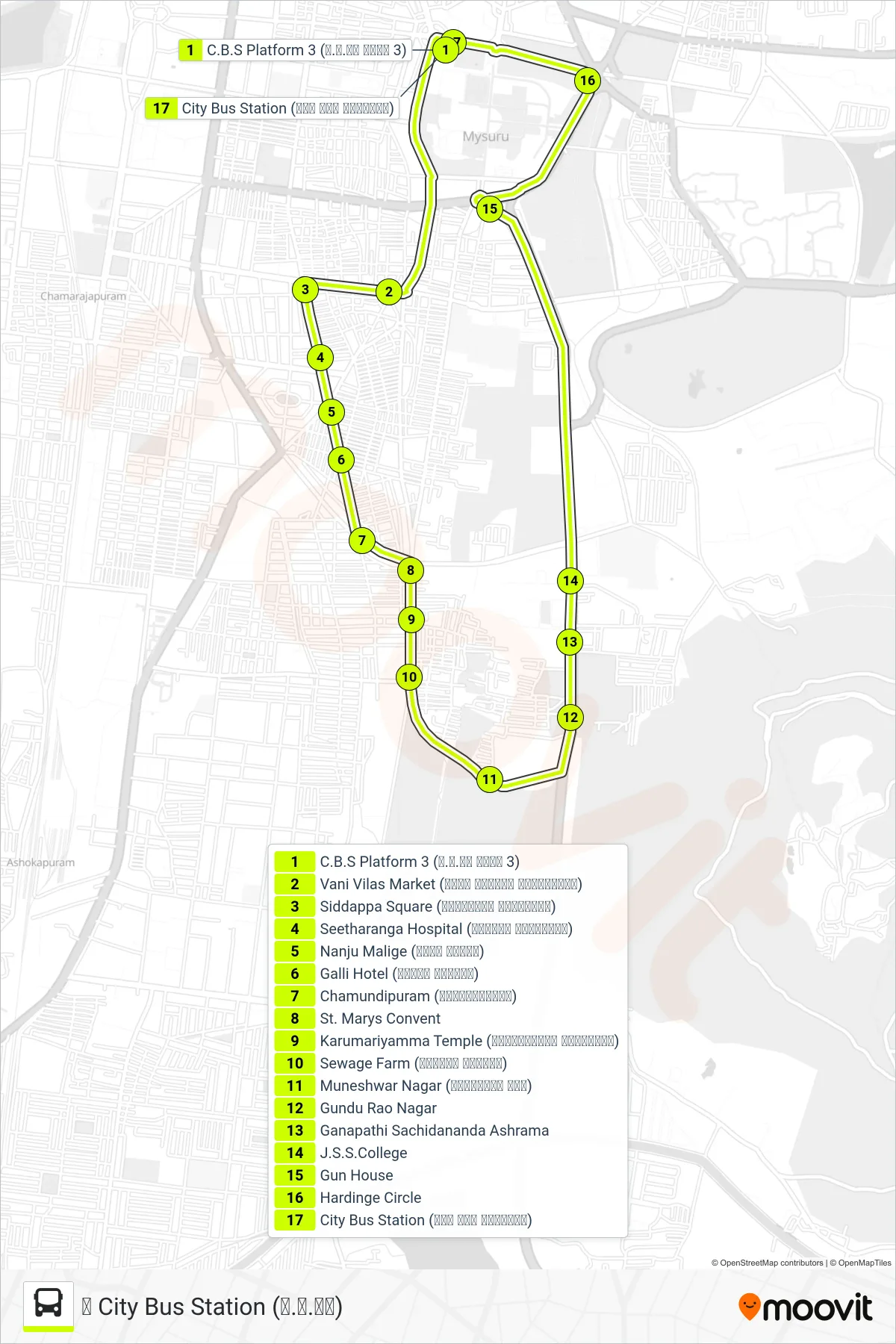 13C bus Line (↻ City Bus Station (ನ.ಬ.ನಿ)) route and stops on a map