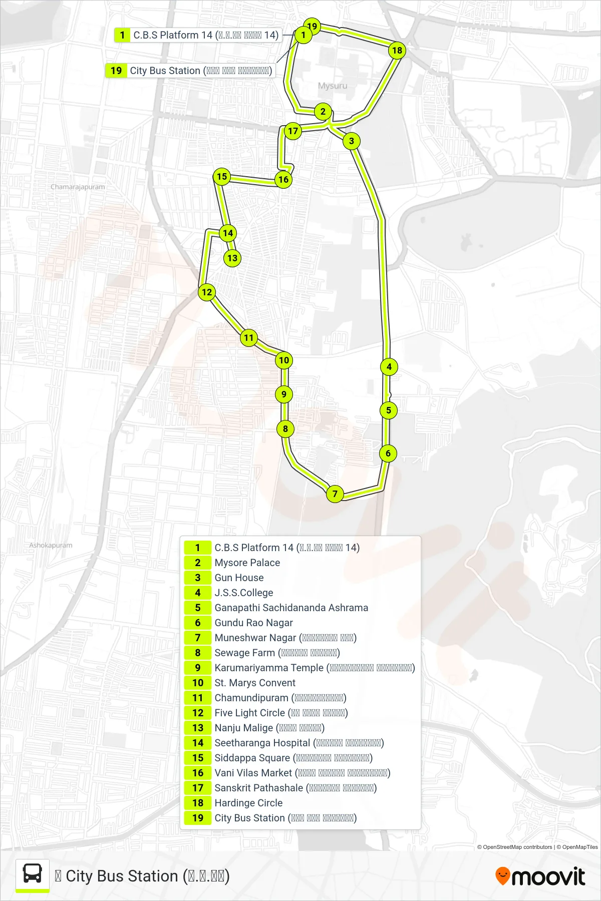 13C bus Line (↺ City Bus Station (ನ.ಬ.ನಿ)) route and stops on a map