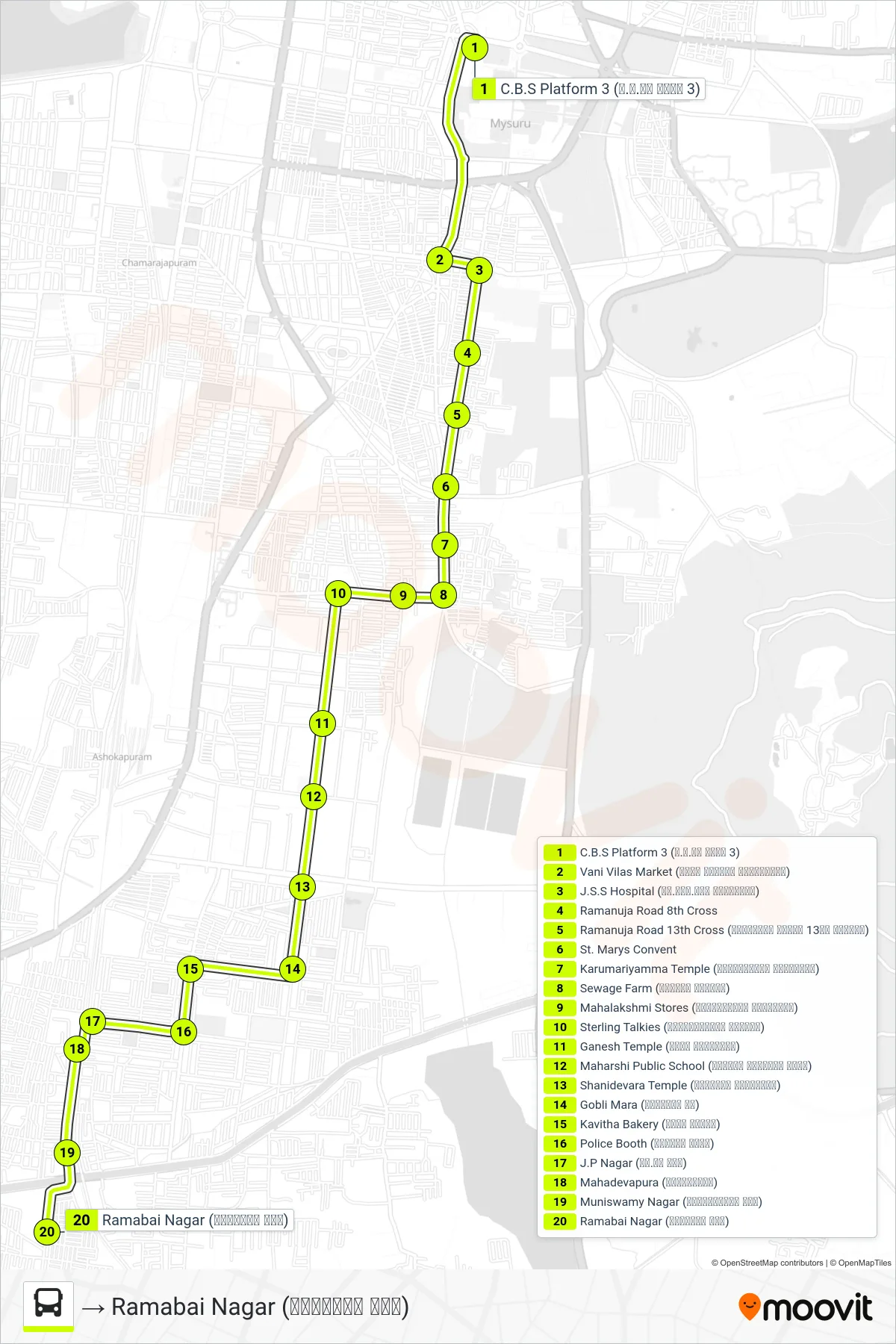 13D bus Line (→ Ramabai Nagar (ರಮಾಬಾಯಿ ನಗರ)) route and stops on a map