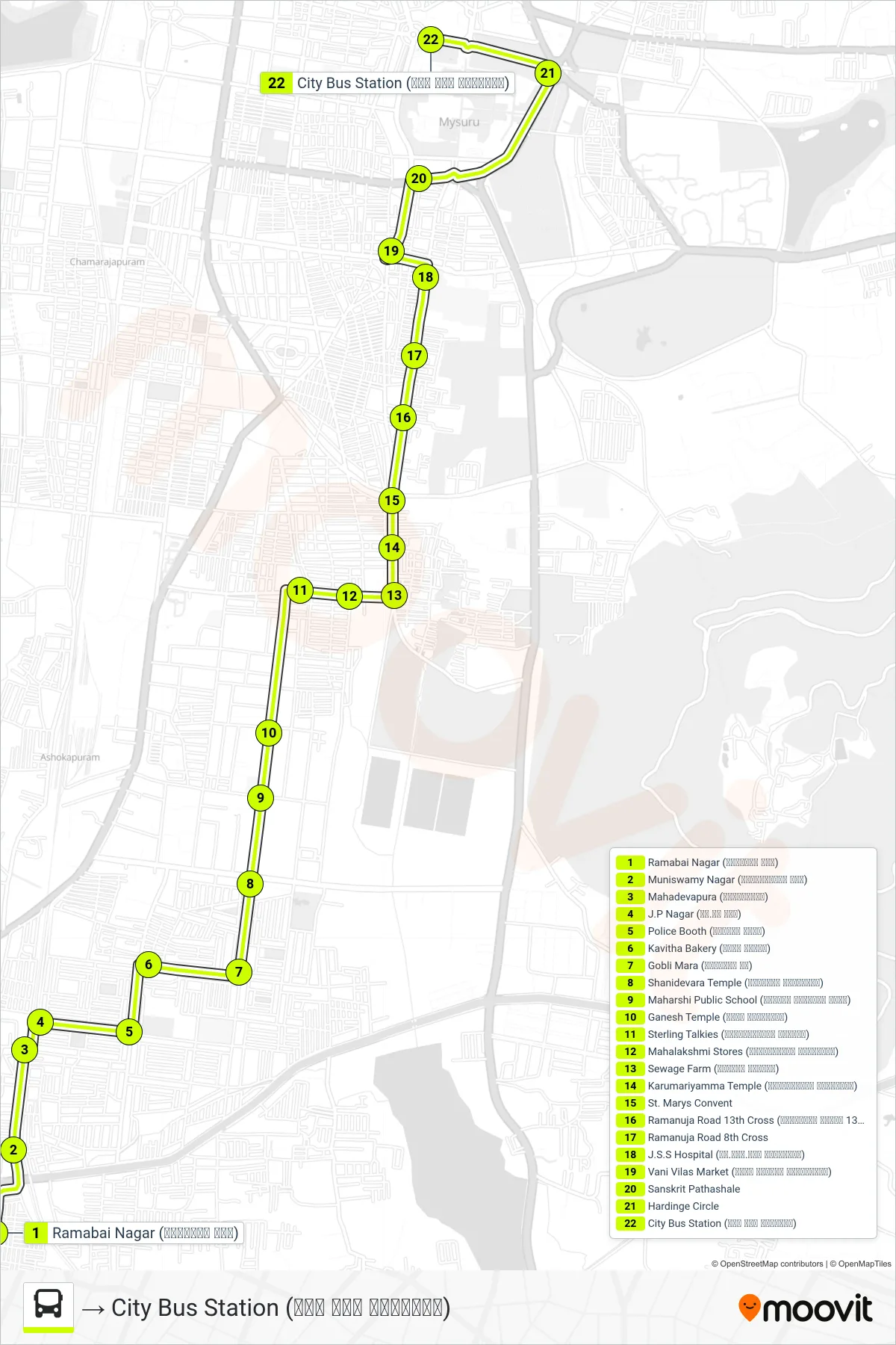 13D bus Line (→ City Bus Station (ನಗರ ಬಸ್ ನಿಲ್ದಾಣ)) route and stops on a map