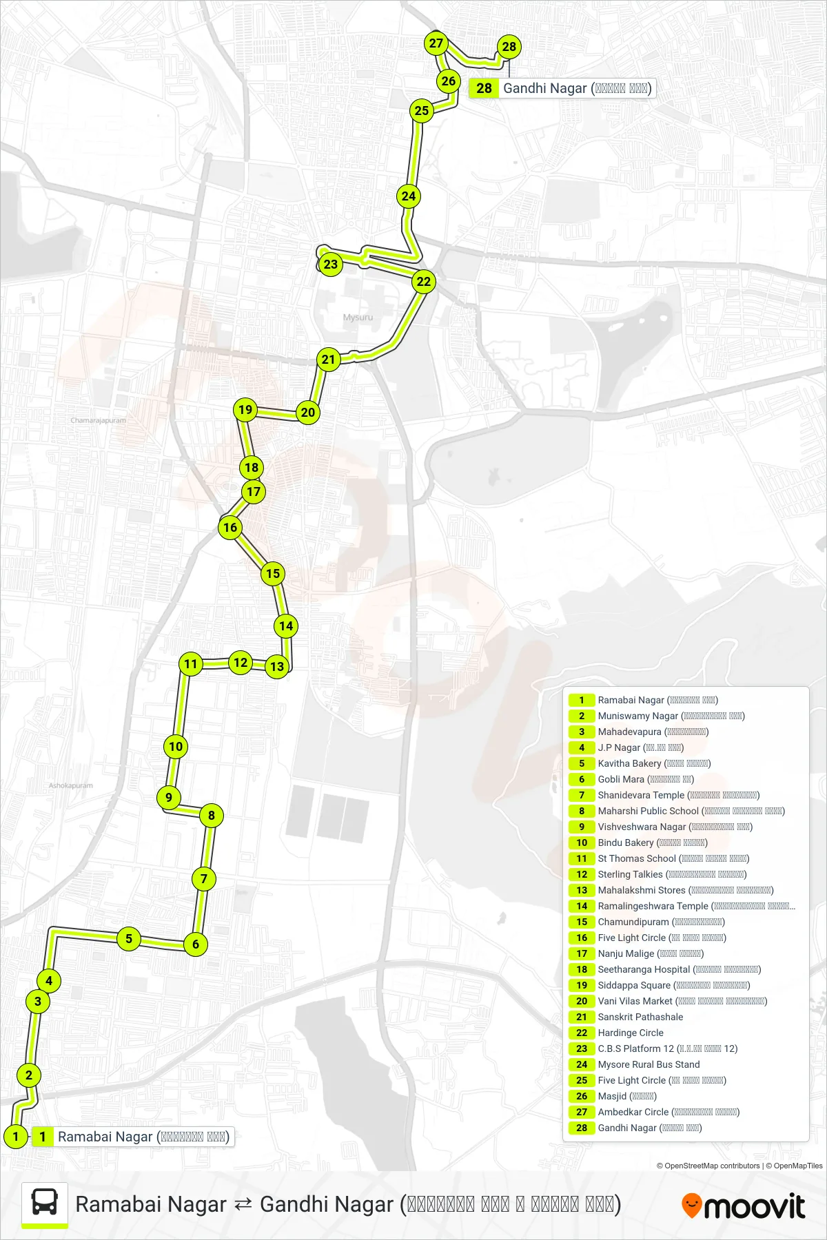 155 bus Line (→ Gandhi Nagar (ಗಾಂಧಿ ನಗರ)) route and stops on a map