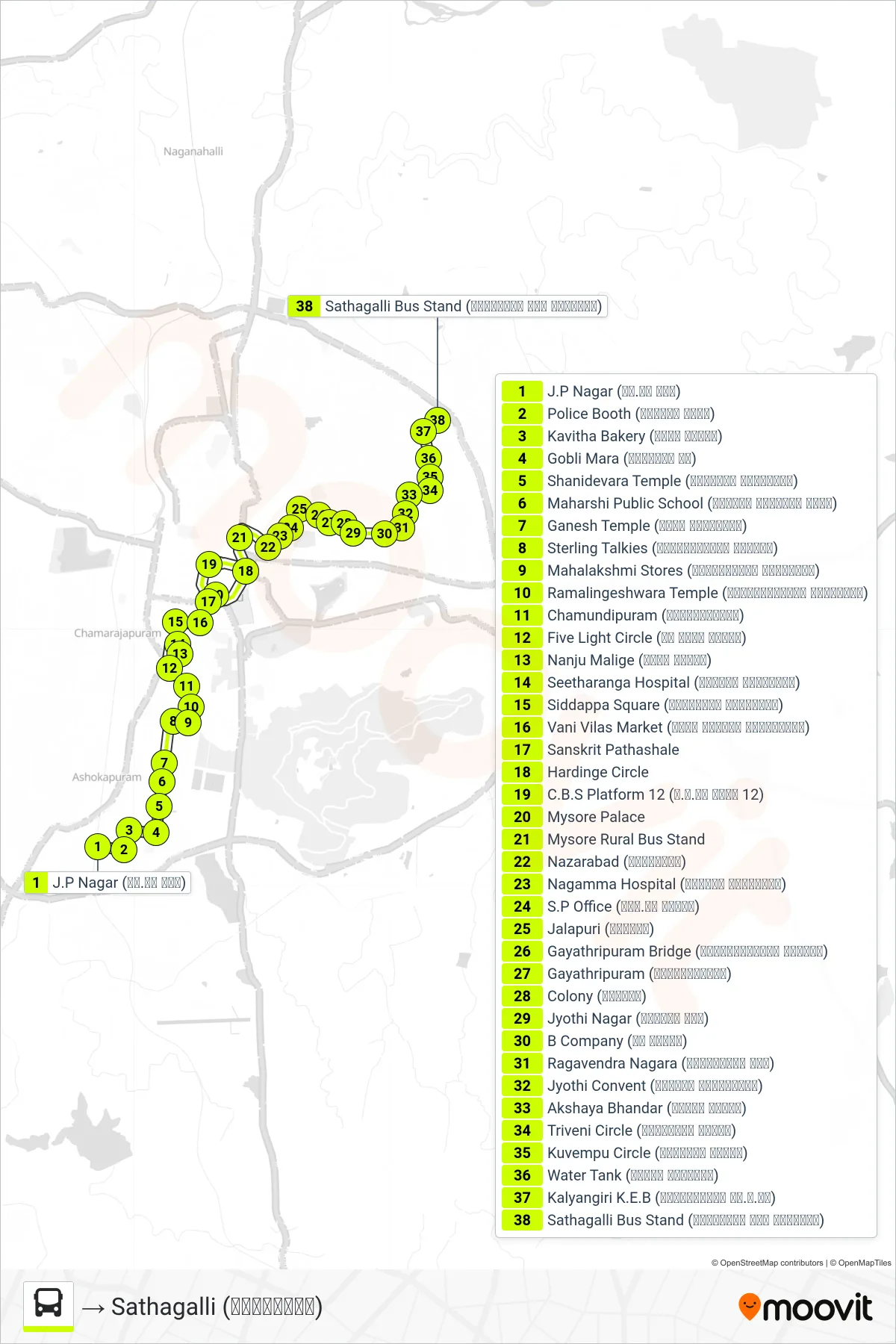 160 bus Line (→ Sathagalli (ಸಾತಗಳ್ಳಿ)) route and stops on a map